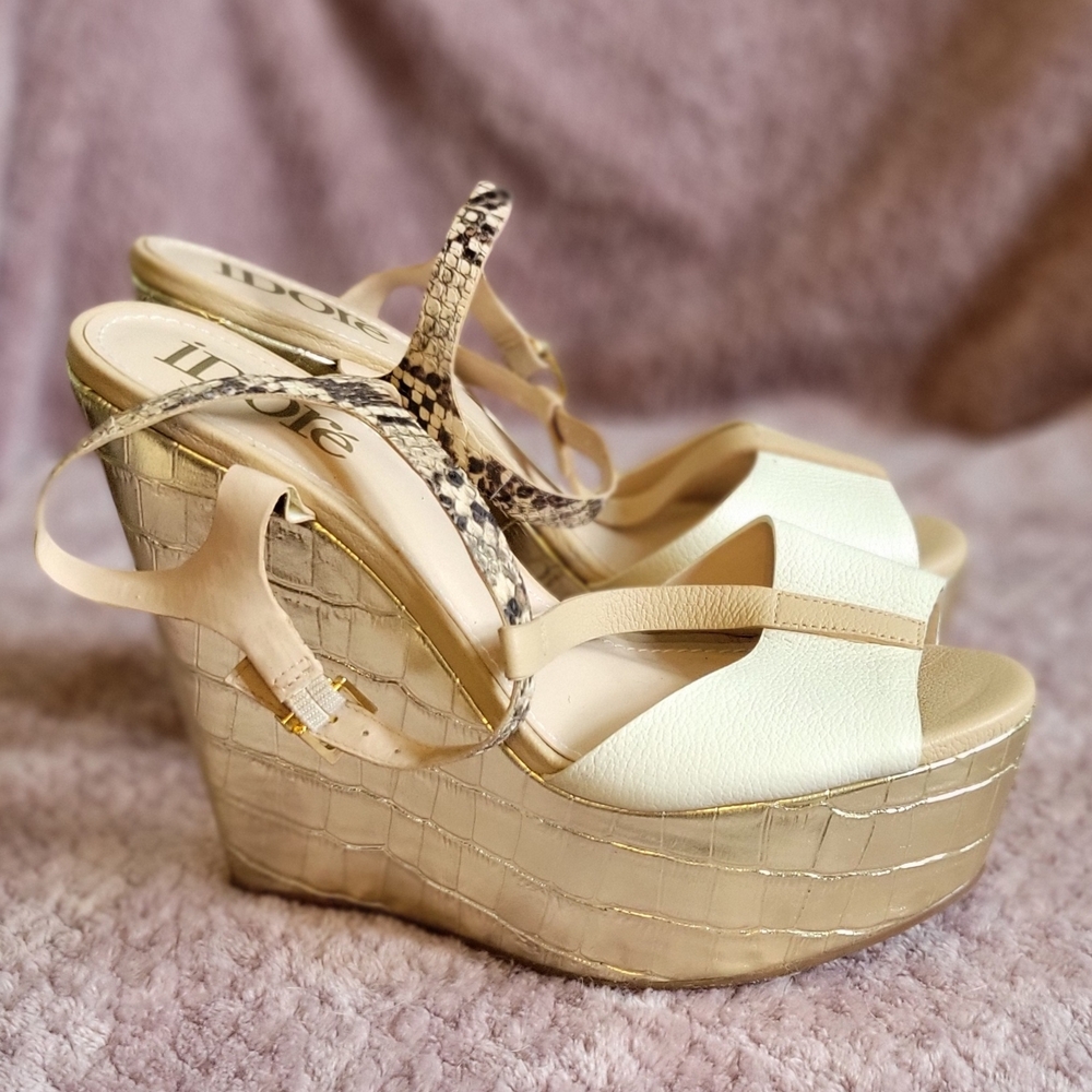 Cream and Gold Wedge Sandals